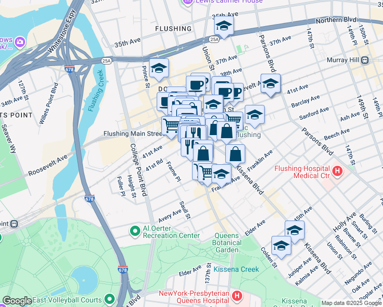 map of restaurants, bars, coffee shops, grocery stores, and more near 58-42 Main Street in Queens