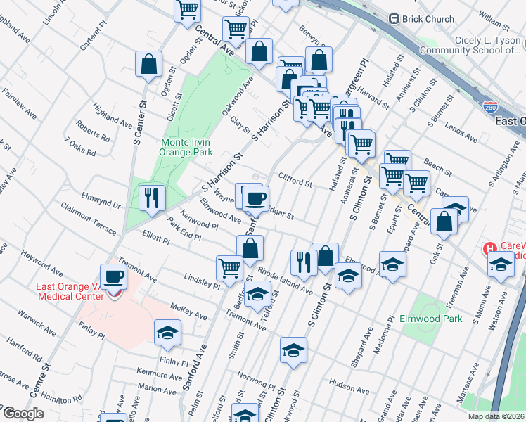 map of restaurants, bars, coffee shops, grocery stores, and more near 150 Sanford Street in East Orange