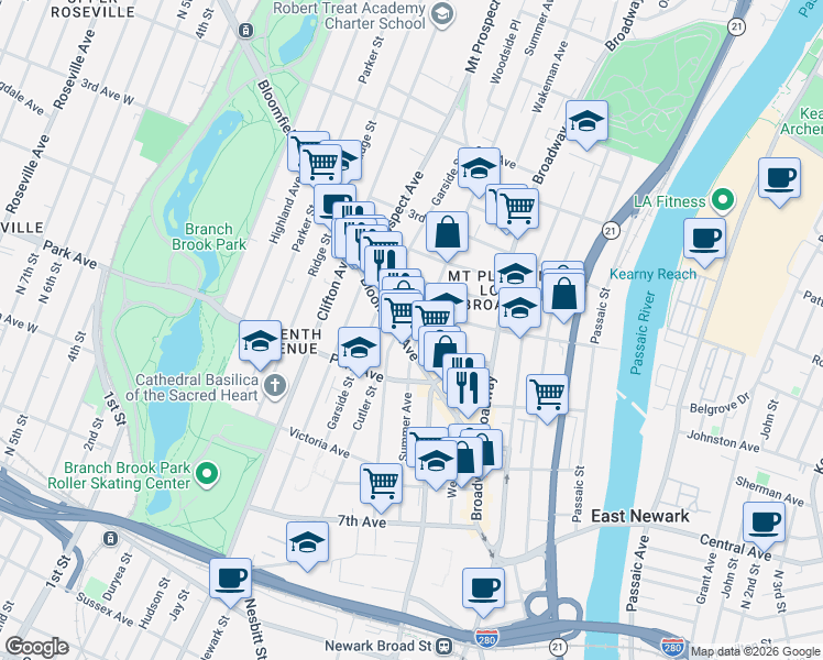 map of restaurants, bars, coffee shops, grocery stores, and more near 93 Bloomfield Avenue in Newark