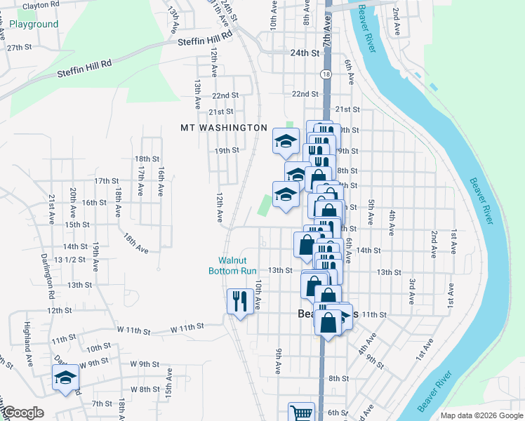 map of restaurants, bars, coffee shops, grocery stores, and more near 1500 15th Street in Beaver Falls