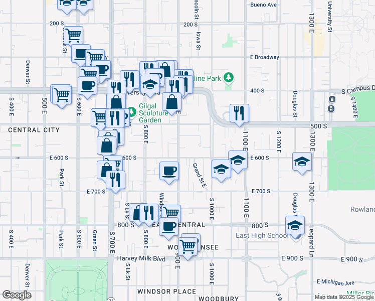 map of restaurants, bars, coffee shops, grocery stores, and more near 915 East 600 South in Salt Lake City