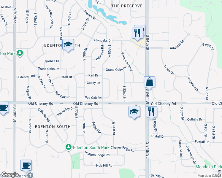 map of restaurants, bars, coffee shops, grocery stores, and more near 5609 Barrington Park Drive in Lincoln