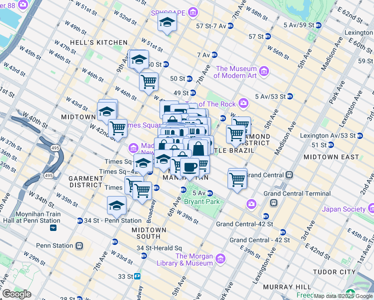 map of restaurants, bars, coffee shops, grocery stores, and more near 123 West 44th Street in New York