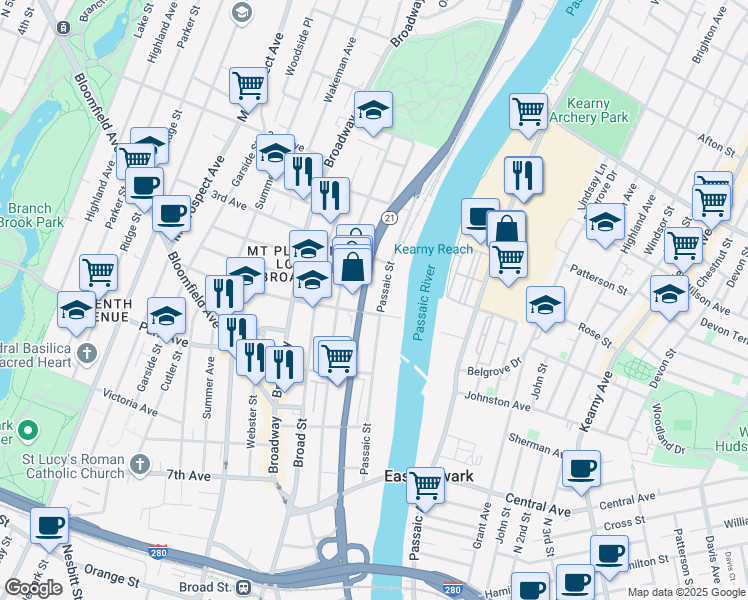 map of restaurants, bars, coffee shops, grocery stores, and more near 1422 McCarter Highway in Newark