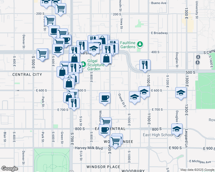 map of restaurants, bars, coffee shops, grocery stores, and more near 870 East 600 South in Salt Lake City