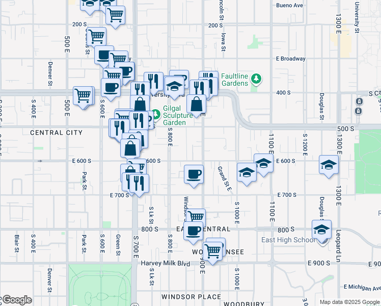 map of restaurants, bars, coffee shops, grocery stores, and more near 833 East 600 South in Salt Lake City
