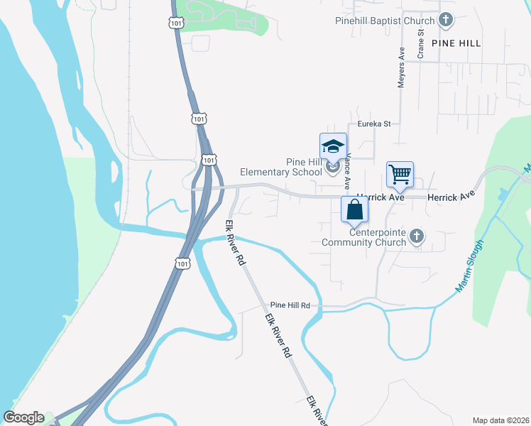 map of restaurants, bars, coffee shops, grocery stores, and more near 5370 Bay Pointe Court in Eureka