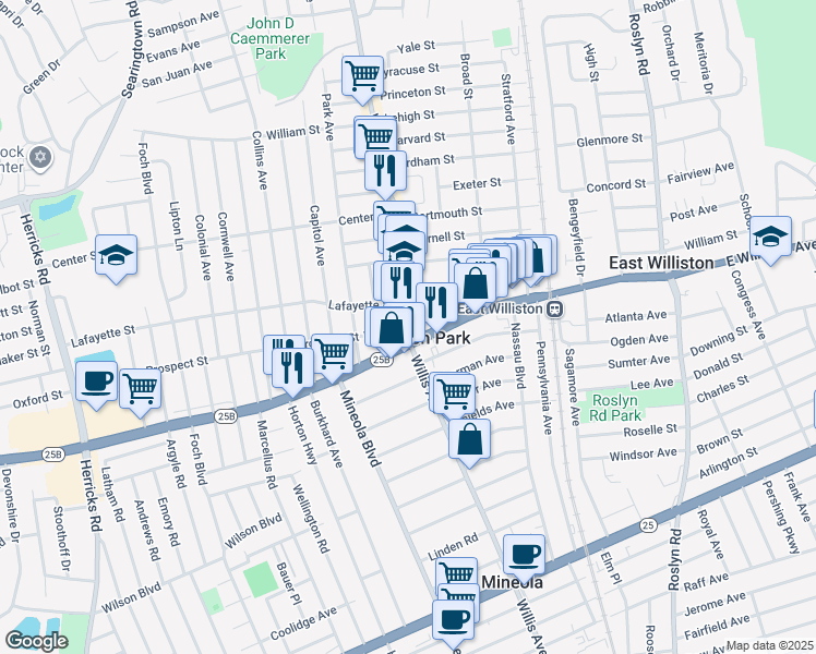 map of restaurants, bars, coffee shops, grocery stores, and more near in Williston Park