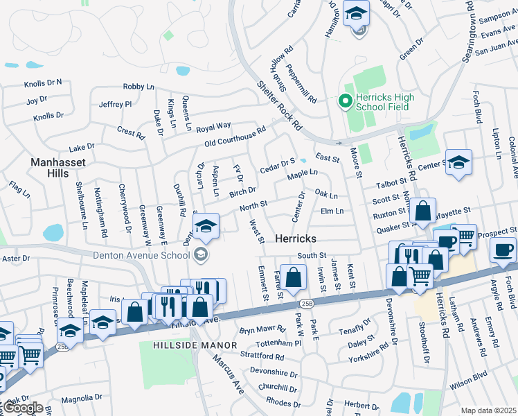 map of restaurants, bars, coffee shops, grocery stores, and more near 5 West Street in New Hyde Park