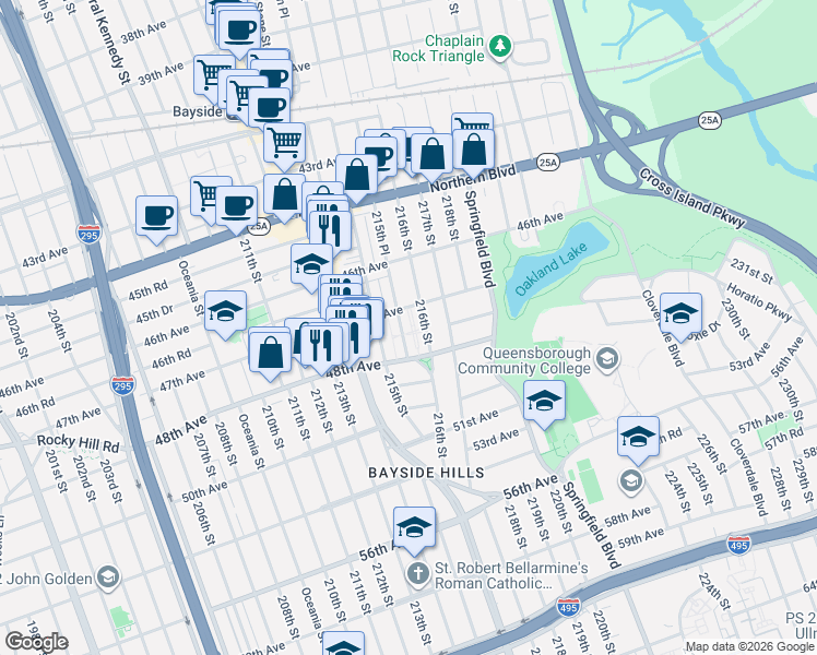 map of restaurants, bars, coffee shops, grocery stores, and more near 47-21 215th Place in Queens