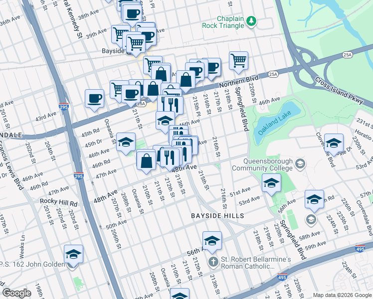 map of restaurants, bars, coffee shops, grocery stores, and more near 47-17 Bell Boulevard in Queens