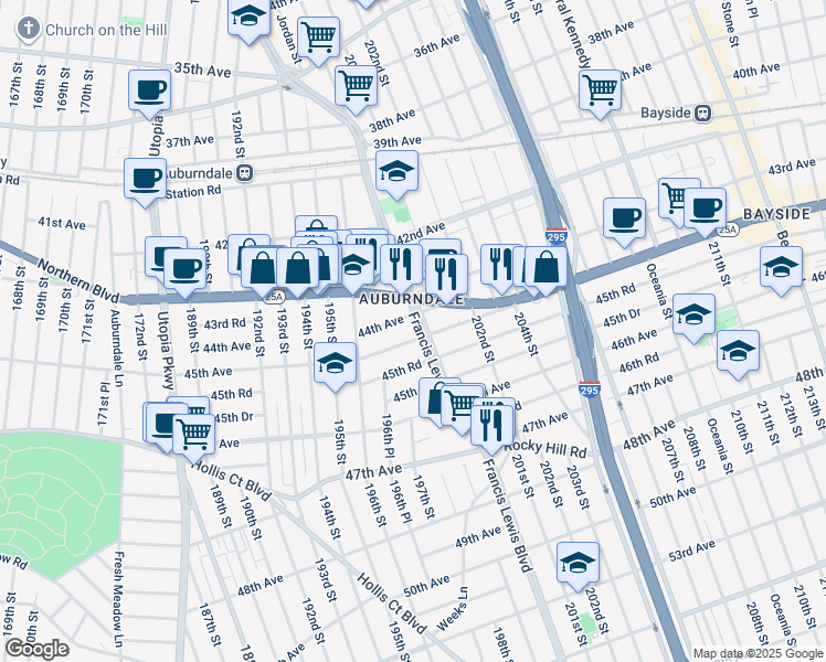 map of restaurants, bars, coffee shops, grocery stores, and more near 53 45th Avenue in Queens
