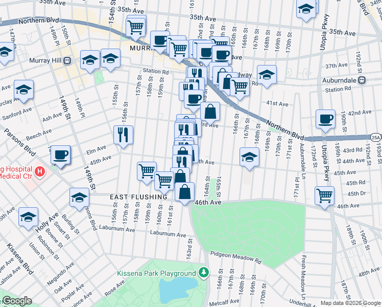 map of restaurants, bars, coffee shops, grocery stores, and more near in Queens