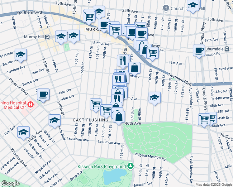 map of restaurants, bars, coffee shops, grocery stores, and more near 4439 162nd Street in Queens