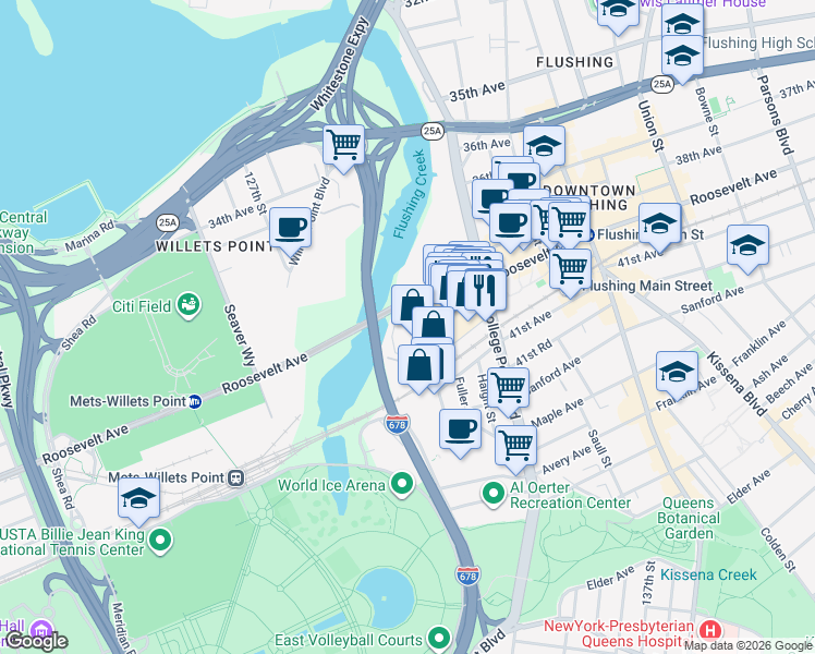 map of restaurants, bars, coffee shops, grocery stores, and more near 131-14 Roosevelt Avenue in Queens