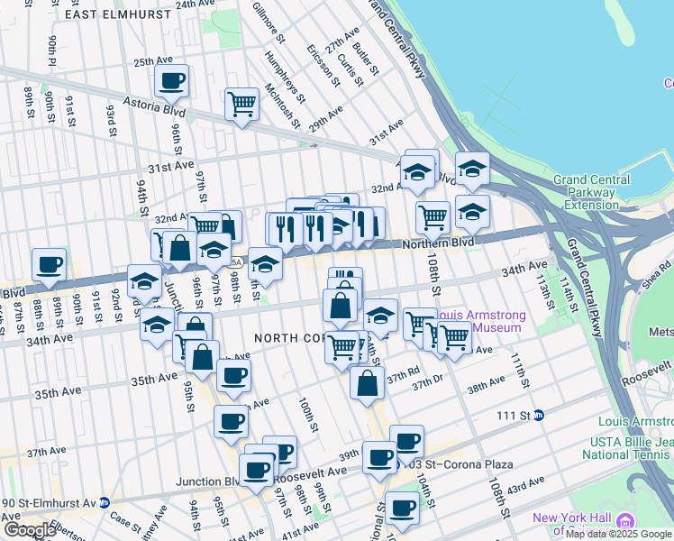 map of restaurants, bars, coffee shops, grocery stores, and more near 33-35 102nd Street in Queens