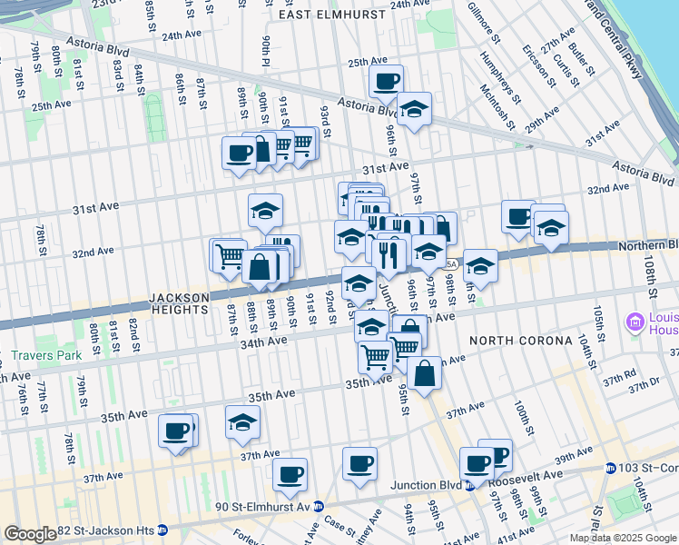 map of restaurants, bars, coffee shops, grocery stores, and more near 33-4 93rd Street in Queens