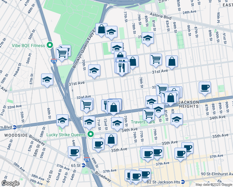 map of restaurants, bars, coffee shops, grocery stores, and more near 32-11 74th Street in Queens