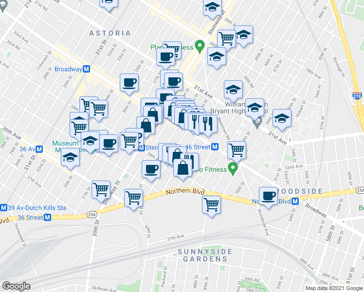 map of restaurants, bars, coffee shops, grocery stores, and more near 32-44 44th Street in Queens