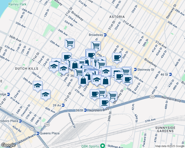 map of restaurants, bars, coffee shops, grocery stores, and more near 35-31 33rd Street in Queens