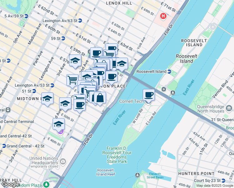 map of restaurants, bars, coffee shops, grocery stores, and more near 1 Sutton Place South in New York