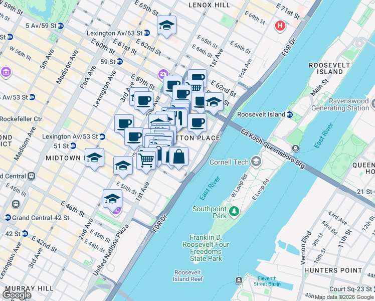 map of restaurants, bars, coffee shops, grocery stores, and more near 435 East 55th Street in New York