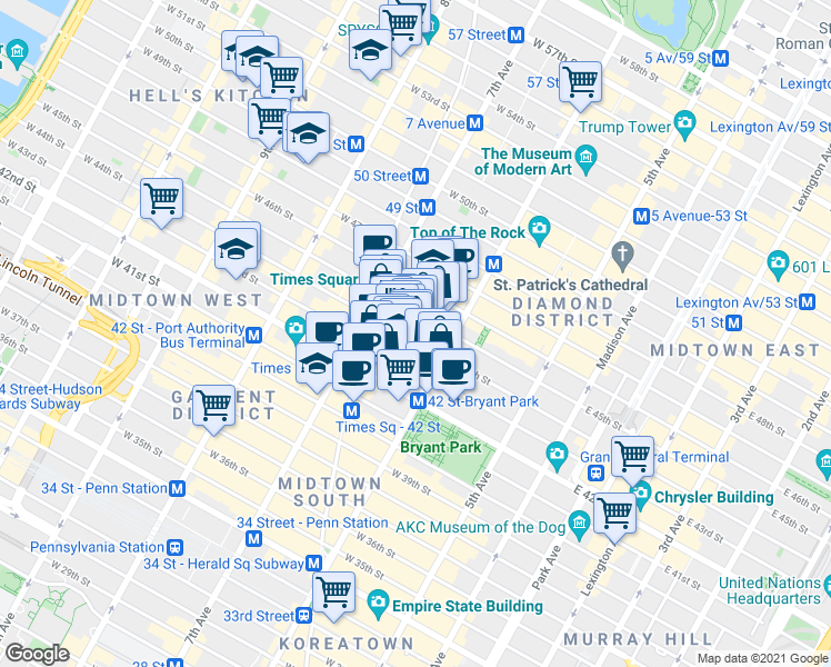 map of restaurants, bars, coffee shops, grocery stores, and more near 125 West 44th Street in New York