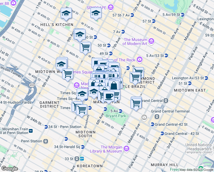 map of restaurants, bars, coffee shops, grocery stores, and more near 130 West 44th Street in New York