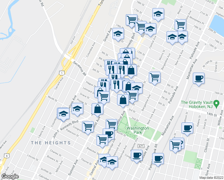 map of restaurants, bars, coffee shops, grocery stores, and more near 1212 Summit Avenue in Jersey City