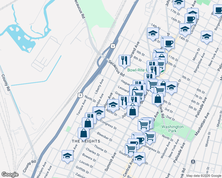 map of restaurants, bars, coffee shops, grocery stores, and more near 131 Nelson Avenue in Jersey City