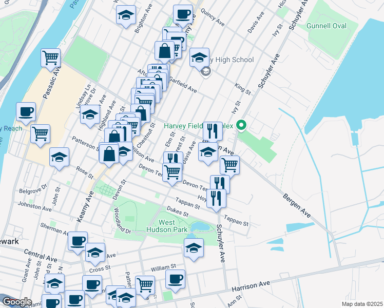 map of restaurants, bars, coffee shops, grocery stores, and more near 100 Davis Avenue in Kearny