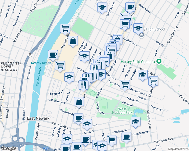 map of restaurants, bars, coffee shops, grocery stores, and more near 138 Kearny Avenue in Kearny