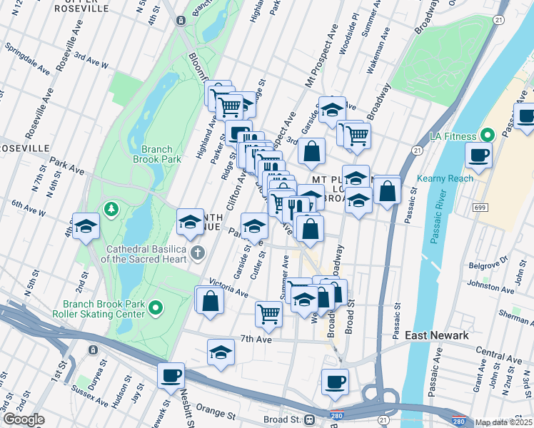 map of restaurants, bars, coffee shops, grocery stores, and more near 151 Garside Street in Newark