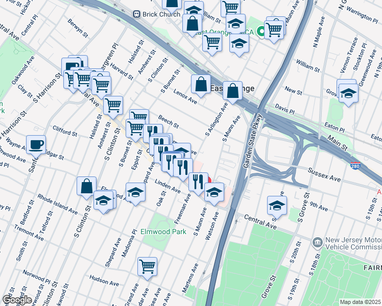 map of restaurants, bars, coffee shops, grocery stores, and more near 138 South Arlington Avenue in East Orange