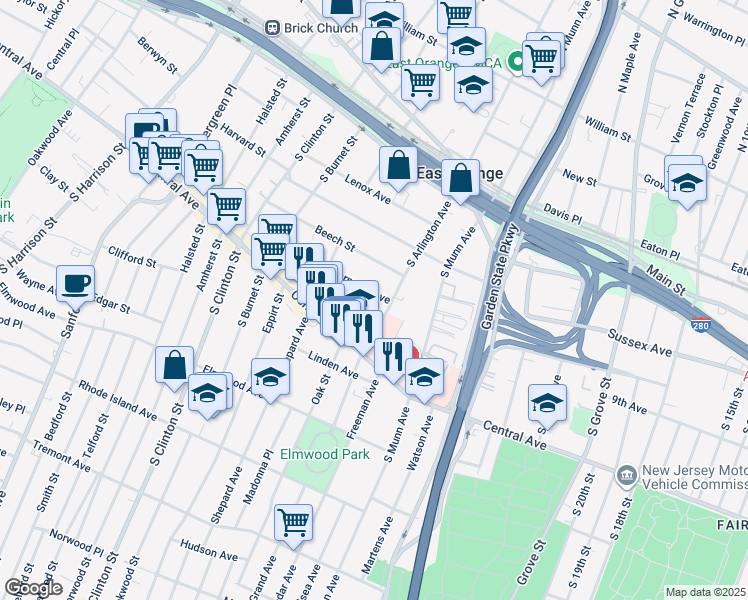 map of restaurants, bars, coffee shops, grocery stores, and more near 138 South Arlington Avenue in East Orange
