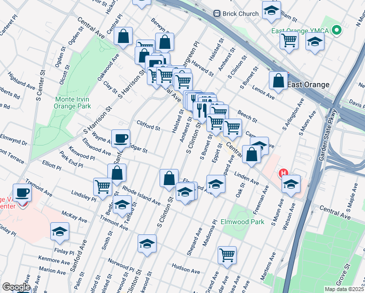 map of restaurants, bars, coffee shops, grocery stores, and more near in East Orange
