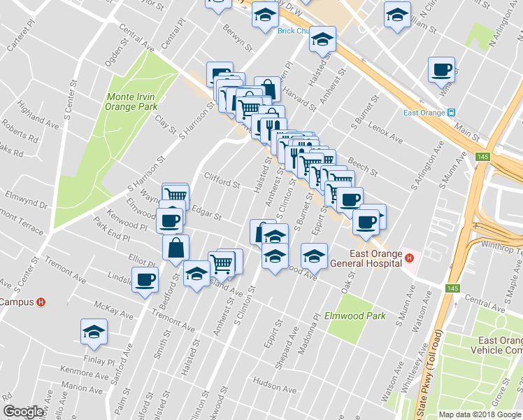 map of restaurants, bars, coffee shops, grocery stores, and more near 259 Amherst Street in East Orange