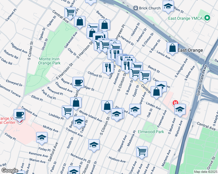 map of restaurants, bars, coffee shops, grocery stores, and more near 259 Amherst Street in East Orange