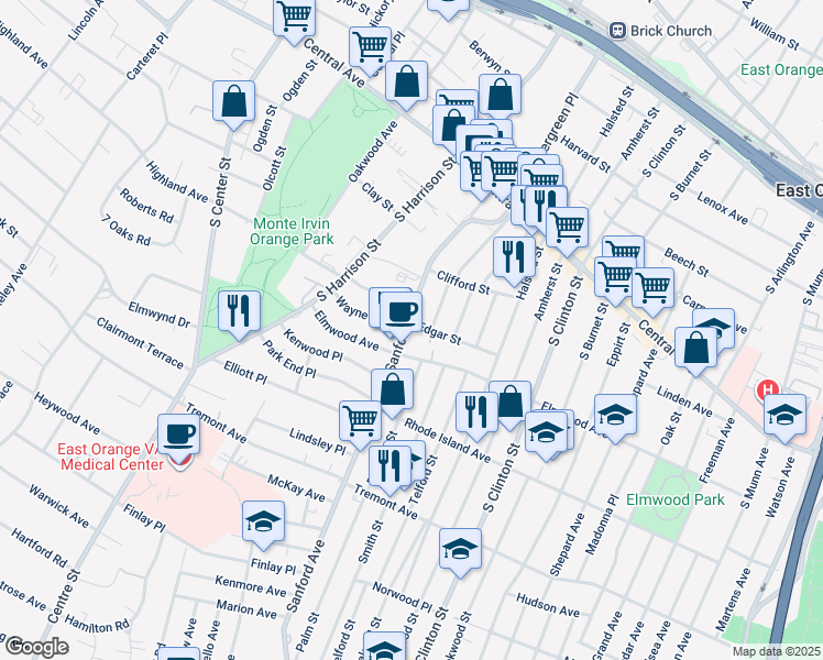 map of restaurants, bars, coffee shops, grocery stores, and more near 150 Sanford Street in East Orange