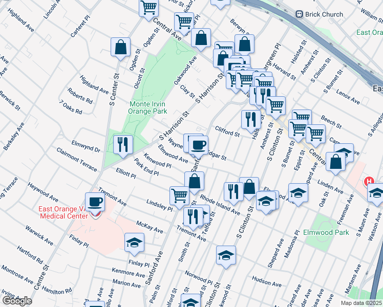 map of restaurants, bars, coffee shops, grocery stores, and more near 150 Sanford Street in East Orange