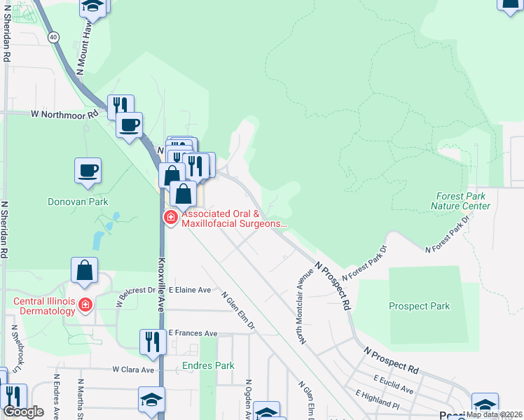 map of restaurants, bars, coffee shops, grocery stores, and more near 5713 North Prospect Road in Peoria