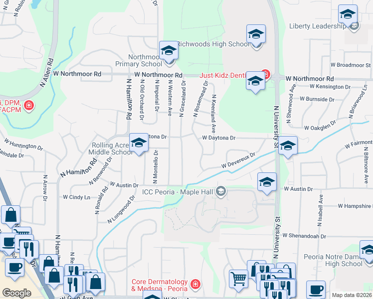 map of restaurants, bars, coffee shops, grocery stores, and more near 5627 North Graceland Drive in Peoria