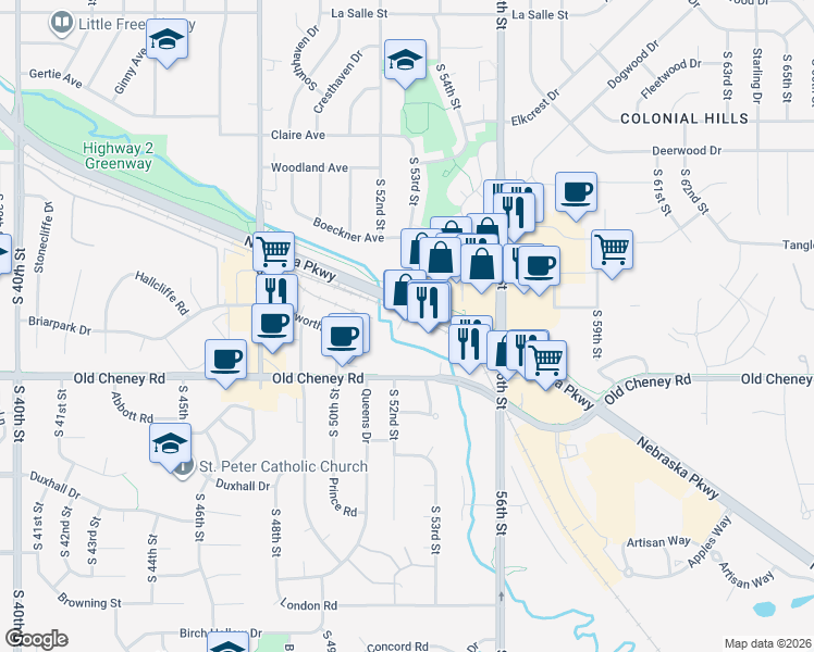 map of restaurants, bars, coffee shops, grocery stores, and more near 5500 Old Cheney Road in Lincoln