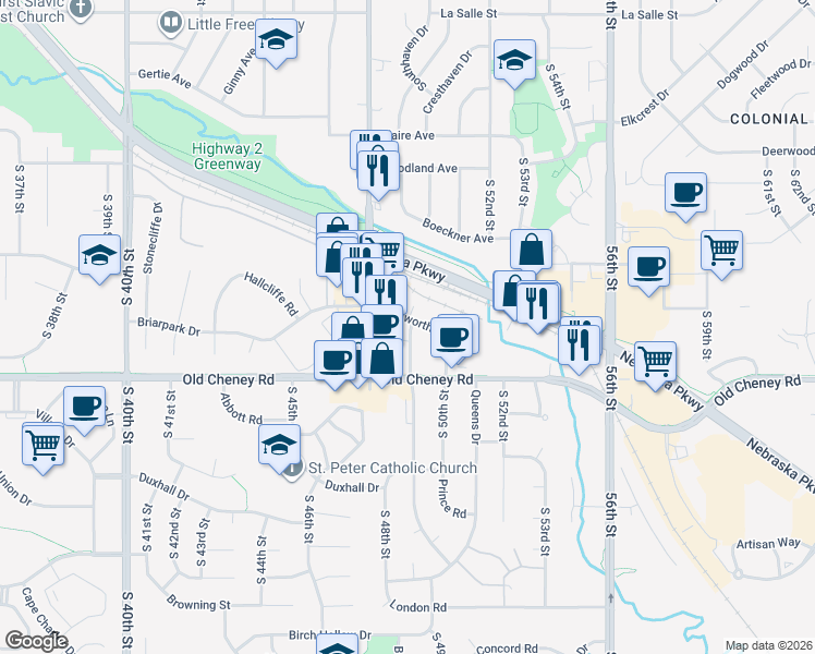 map of restaurants, bars, coffee shops, grocery stores, and more near in Lincoln