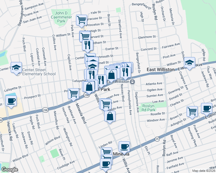 map of restaurants, bars, coffee shops, grocery stores, and more near 99 Hillside Avenue in Williston Park