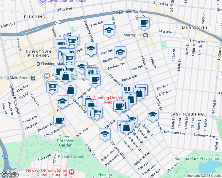 map of restaurants, bars, coffee shops, grocery stores, and more near 143-40 Beech Avenue in Queens