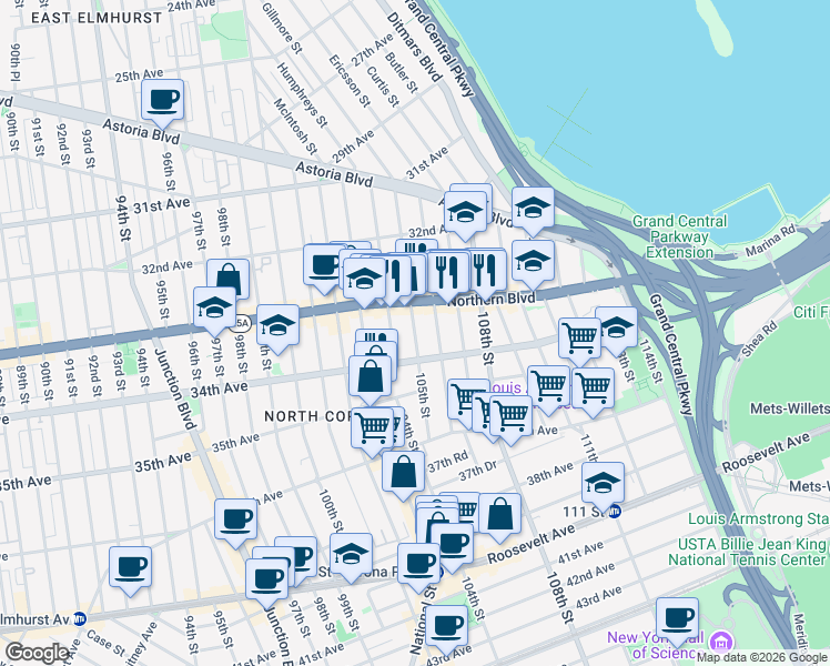 map of restaurants, bars, coffee shops, grocery stores, and more near 33-41 105th Street in Queens