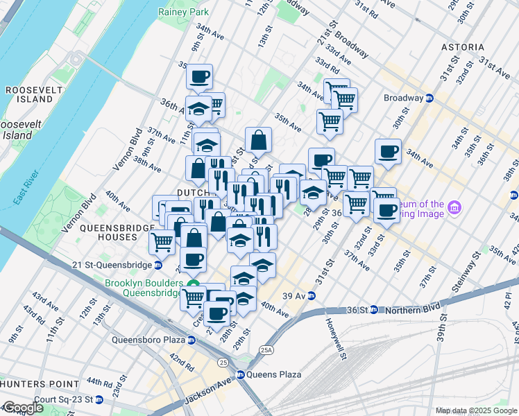 map of restaurants, bars, coffee shops, grocery stores, and more near 2381 38th Avenue in Queens