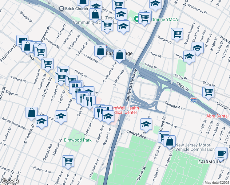 map of restaurants, bars, coffee shops, grocery stores, and more near 40 South Munn Avenue in East Orange