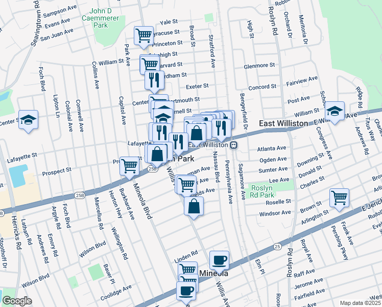 map of restaurants, bars, coffee shops, grocery stores, and more near 86 Sheridan Avenue in Williston Park
